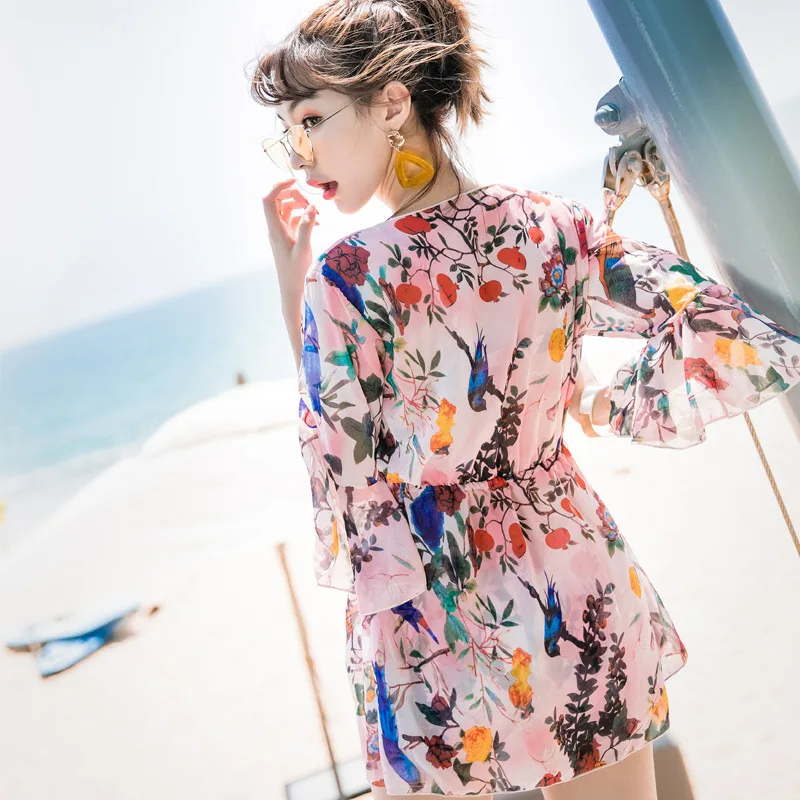 

2018 Women's New Style Chiffon One-piece Swimming Suit Three-piece Set Bikini Half Sleeve Sexy Translucent V-neck Bathing Suit