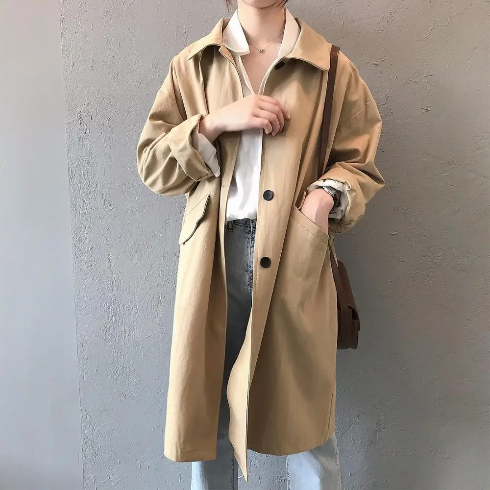 

Autumn 2020 new windbreaker ladies British style long loose simple long sleeve oversized tooling jacket neutral minimalist style