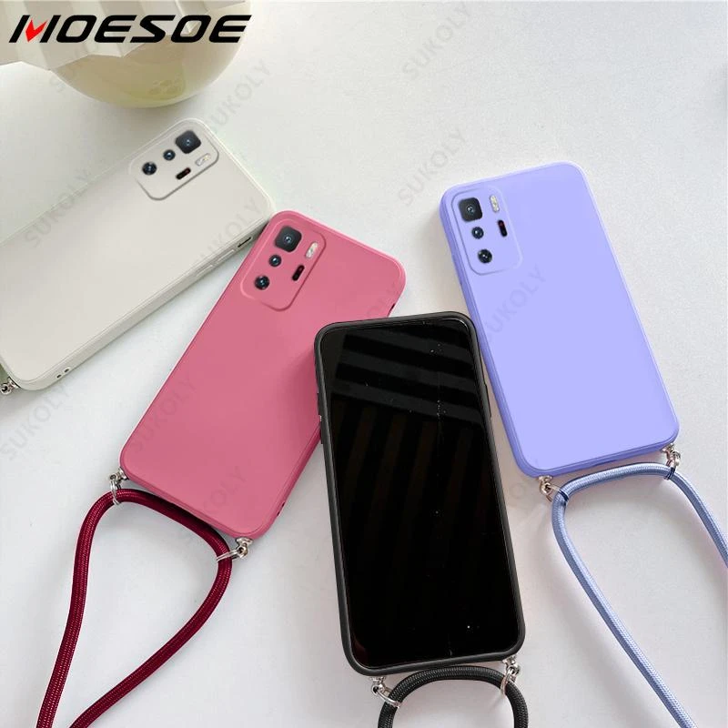 For Xiaomi Redmi Note 11 11S Case Square Liquid Silicone Lanyard Case Mi 11 Lite 5G Poco X3 Redmi Note 10 9 K50 Neck Rope Cover pouch mobile