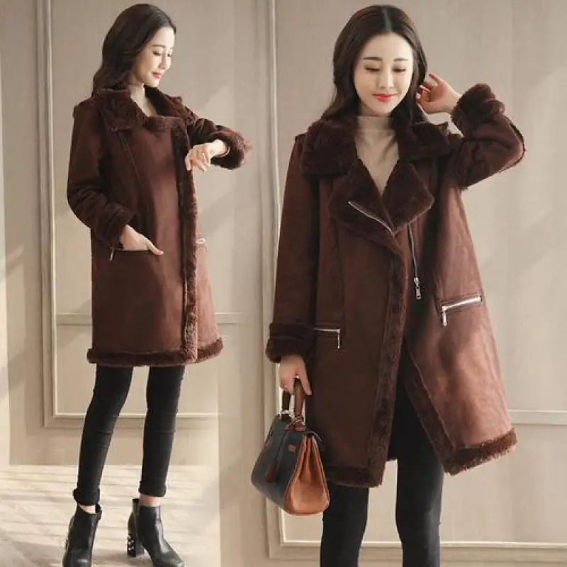 Женское платье из искусственной замши, кожа, однотонный тонкий Meidum, Длинные куртки высокого класса, новые зимние модные шерстяные изделия для женщин, плотное пальто в Корейском стиле