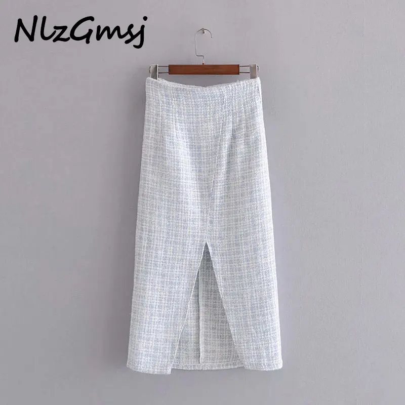 Nlzgmsj Za Women 2020 Chic Fashion Front Vents Tweed Midi skirt Vintage High Waist Back Zipper With Lining Female Skirts Mujer | Женская