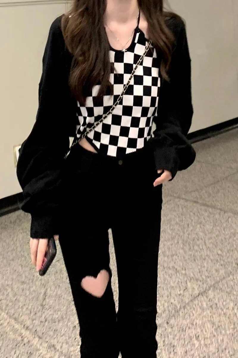 Милый вязаный кардиган крутая черно-белая вязаная жилетка на бретелях с длинными