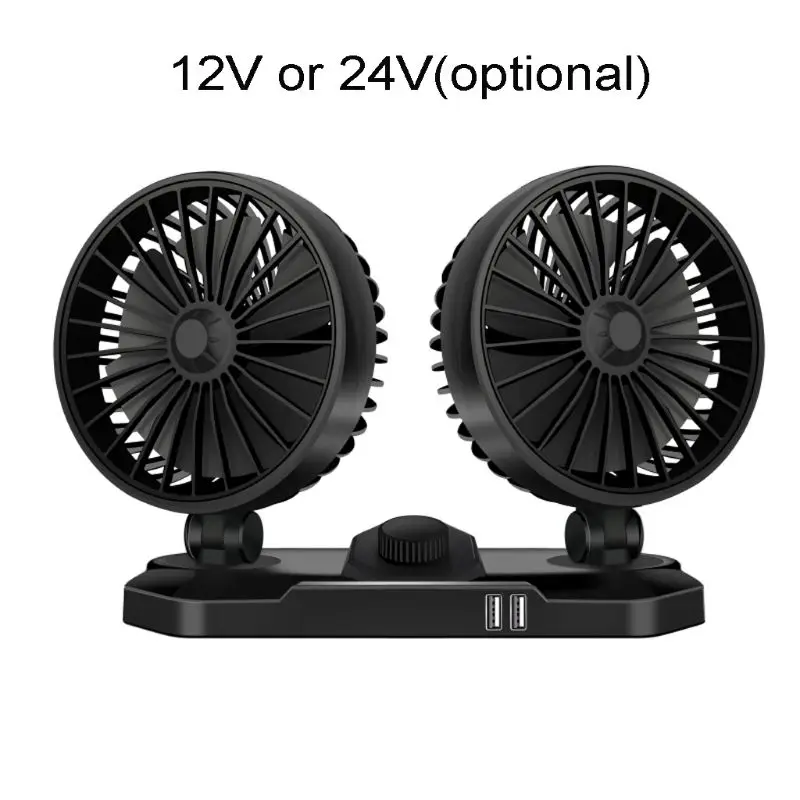 

360 Two Head 2-Speed 12V 24V SUV Car Dashboard Cooling Fan With Dual USB Charger