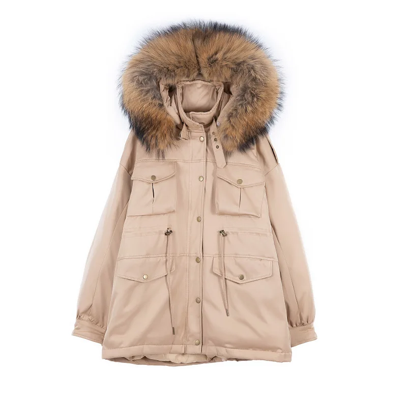 TopFurMall) зимние женские парки пуховики куртки Толстовка с мехом енота тонкая талия Леди Верхняя одежда Пальто LF9177