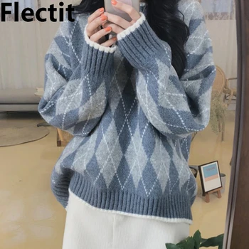 

Flectit Preppy Style Argyle Sweater For Women Long Sleeve Drop Shoulder Crew Neck Cozy Jumper Winter Knit Tops *