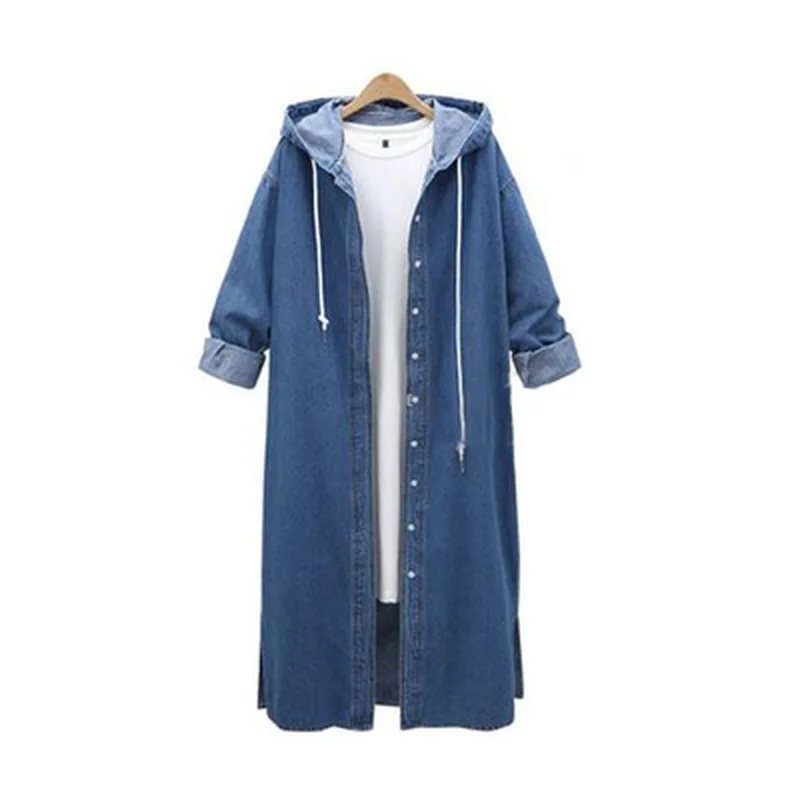 ZOGAA Women's Long Denim Trench Spring Autumn Hooded Trench Long Coats Windbreaker Loose Casual Trench Coat Female Streetwear