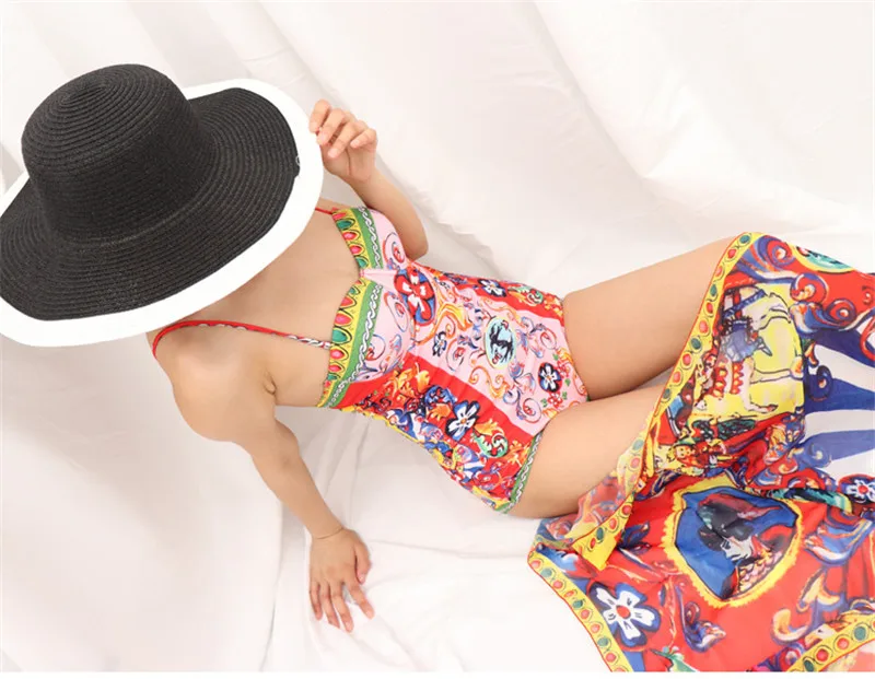 One Piece Swimsuit Women Swimwear Female Backless Beach Bodysuit Print Bikini Cover Up Wrap Bathing Suit Monokini Beachwear 14