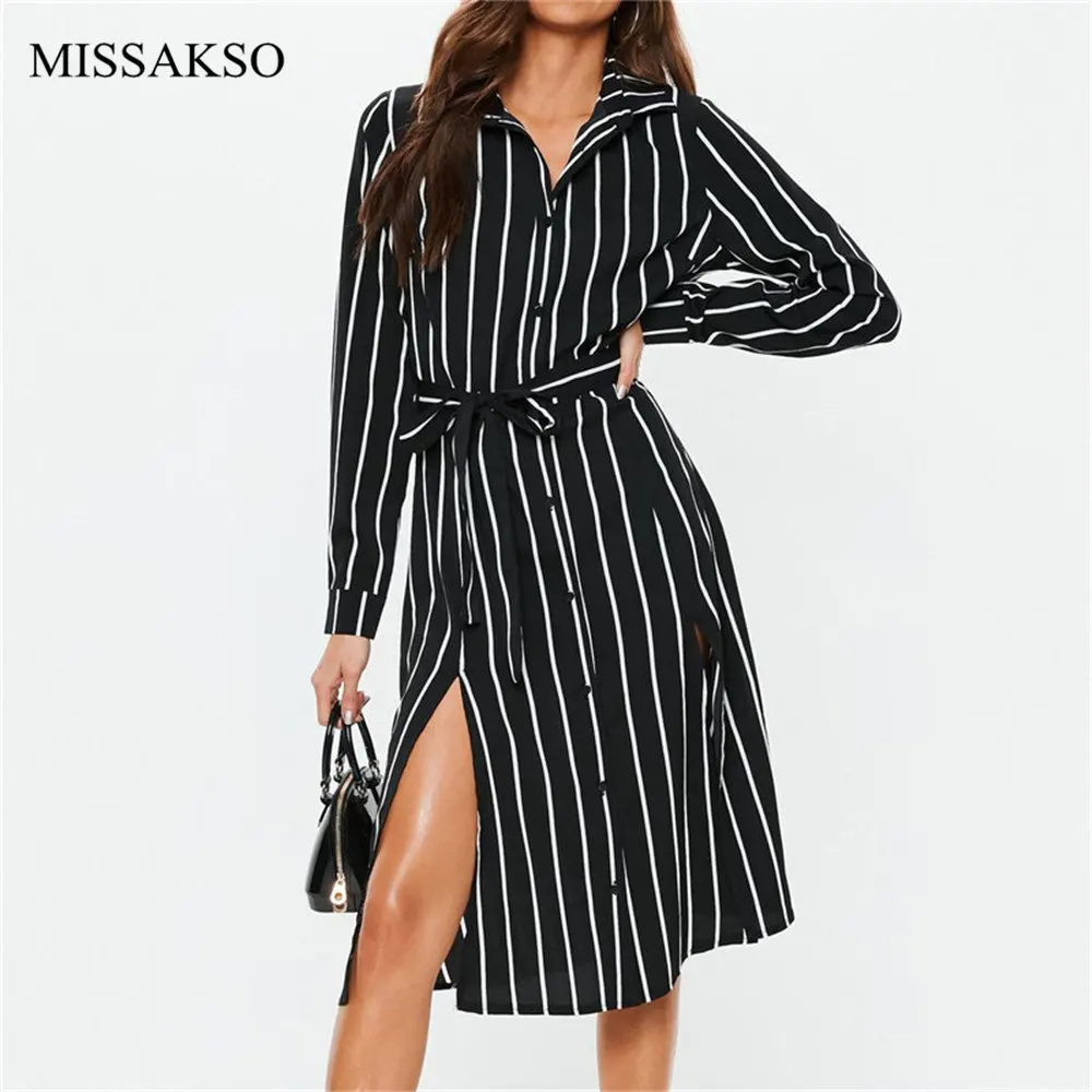

Spring Autumn Fashion Striped Women Midi Dress Casual Long Sleeve Lace Up Sashes Button Fashion Party Ladies Shirt Dress Vestido