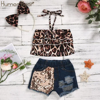 

Humor Bear 2020 Sleeveless Girl Clothes Infant Baby Girl Halter Leopard Sling Tops Sequin Denim Hole Shorts Headband Outfit