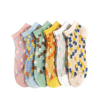 

New Women Cotton Socks Female Square Lattice Plaid Socks Girl Cute Harajuku Vintage Streetwear Casual Boat Socks