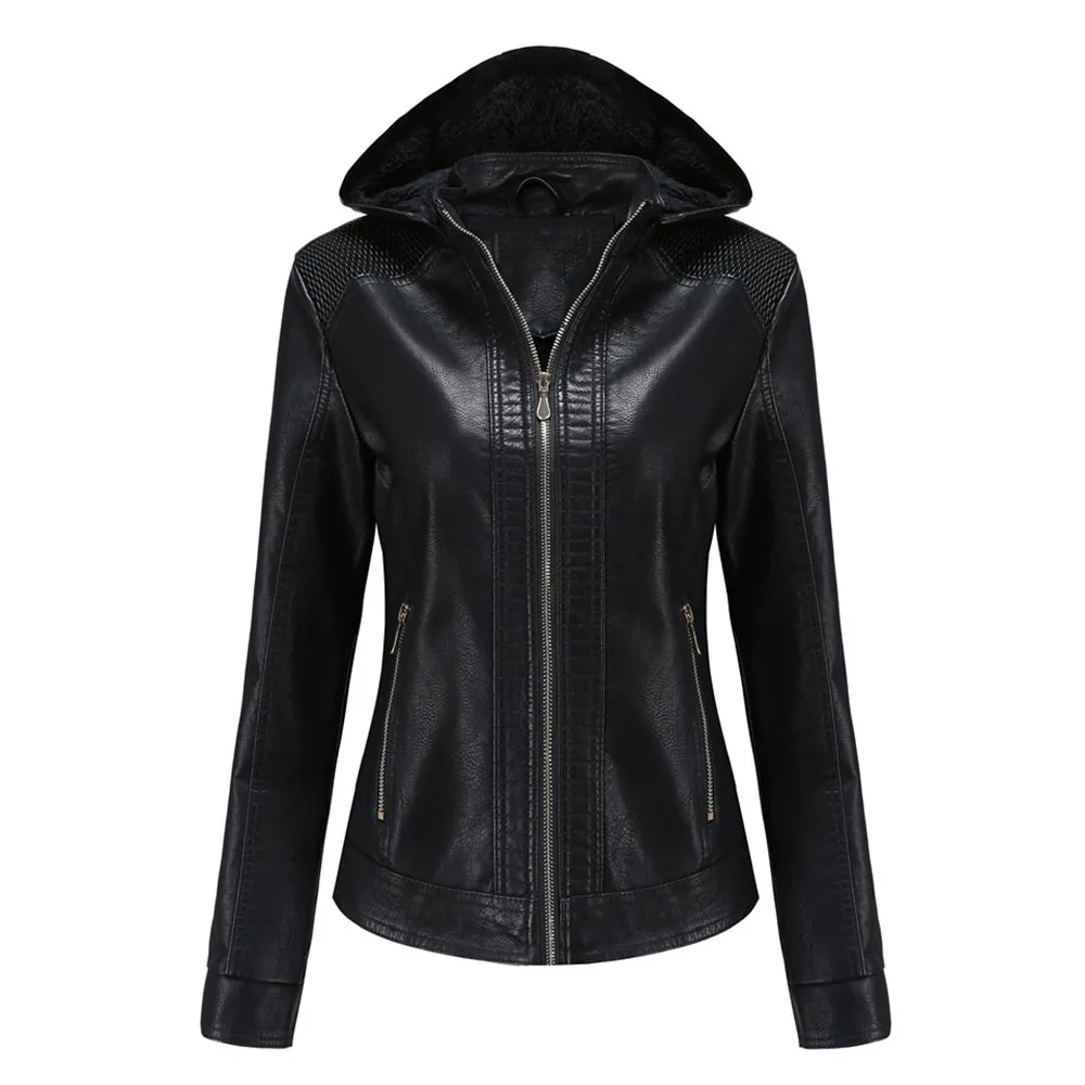 

Gothic Punk PU Faux Leather Jacket Hooded Women Classic Moto Biker Jacket Autumn Winter Lady Basic Coat Solid Casual Outerwear