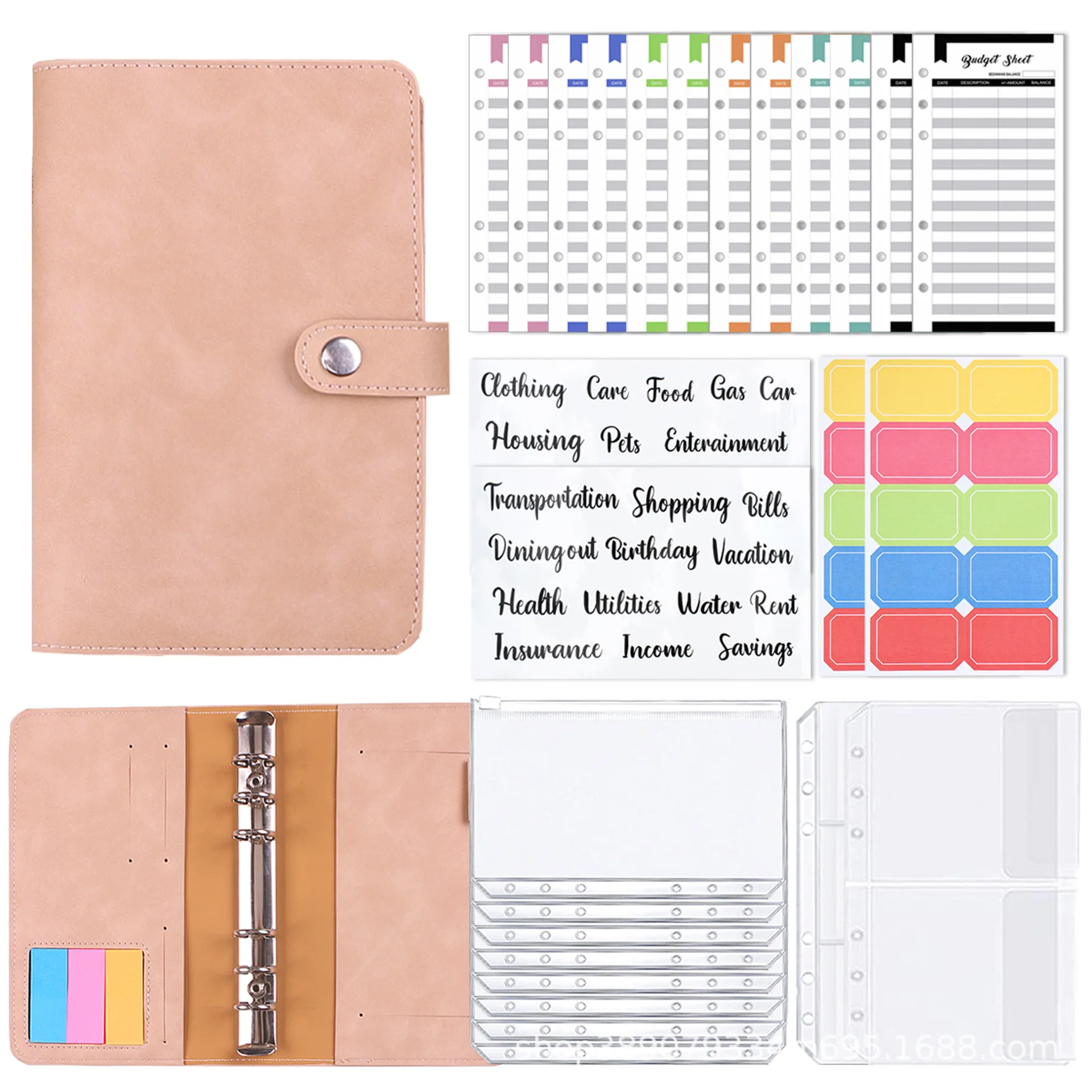 A6 Binder PU Leather Budget Planner Refillable 6 Round Rings Binder Cover Notebook Folder With 12 PCS Clear Plastic Envelopes