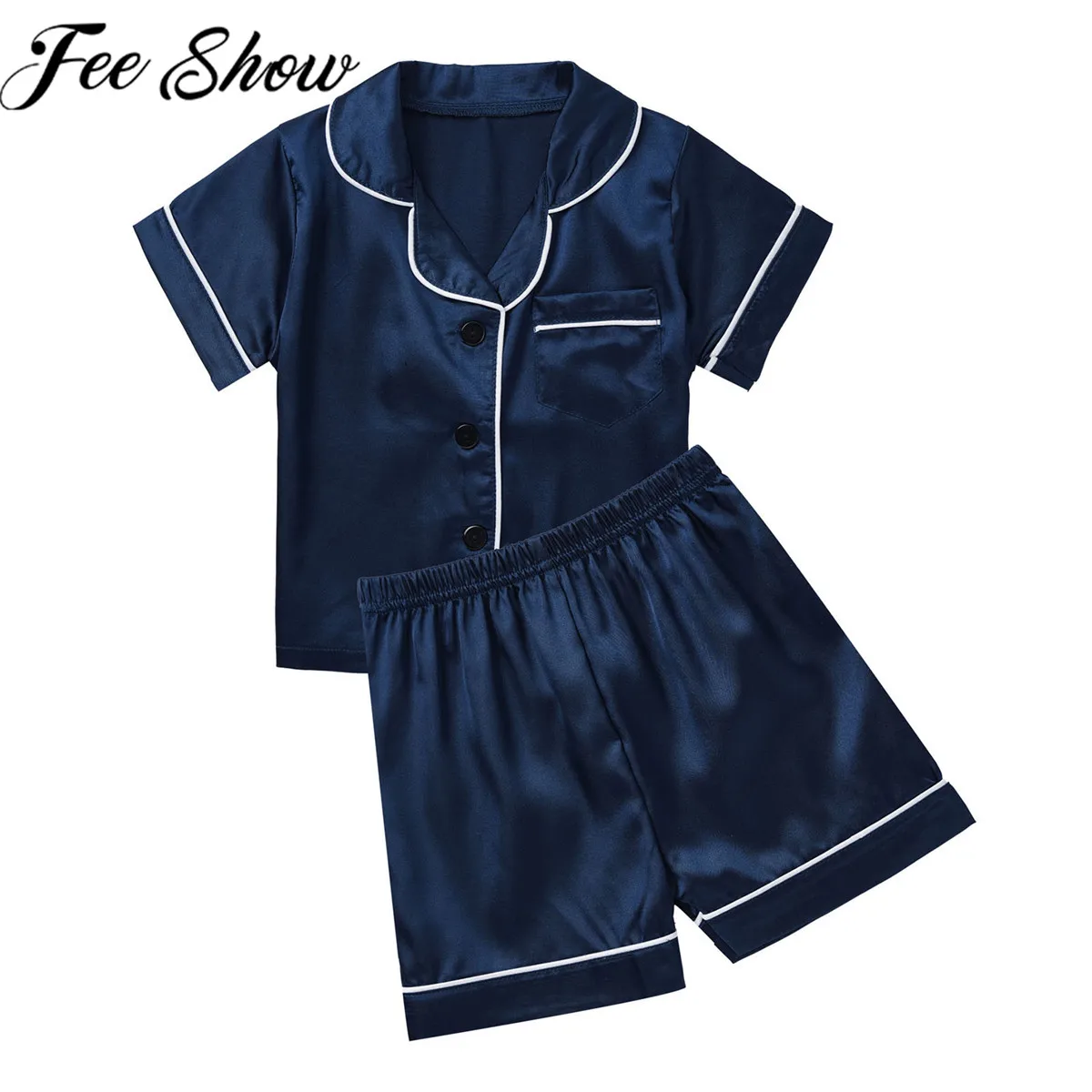 2Pcs Baby Boys and Girls Clothing Set Solid Color Sleepwear Short Sleeves Lapel Collar Shirt and Elastic Shorts Baby Nightwear