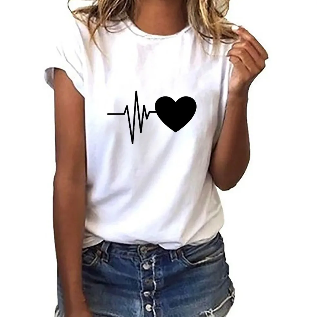 Women's T-shirt retro T-shirt ladies Basic Harajuku short-sleeved heart-shaped printed T-shirt casual O-neck top shirt ropa muje