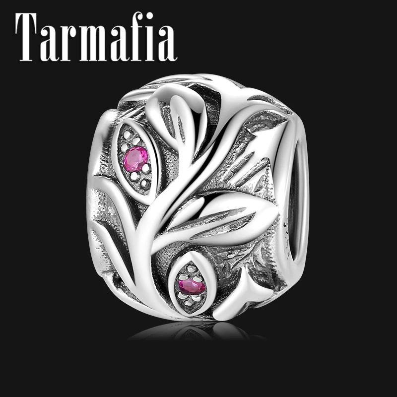 

Authentic 925 Sterling Silver Tree of Life Tree Branch Pink CZ Leaf Beads fit Original Pandora Charm Bracelet Women DIY Jewelry