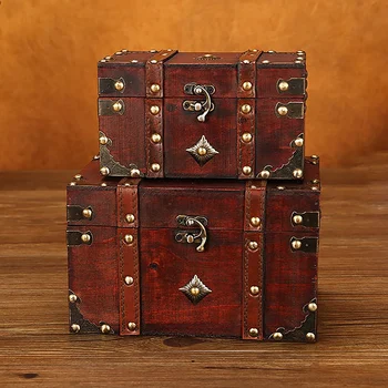 

2 Pieces/Set Vintage Wooden Treasure Chest Box Jewelry Storage Keepsake Small Within Large Case Room Decoration