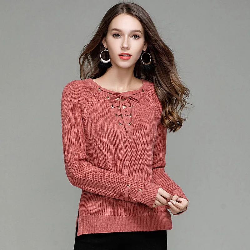 

Women's Autumn / Winter Casual Oversize Jumper OL Commute Belt Neck Sexy New V-Neck Long Sleeve Sweater