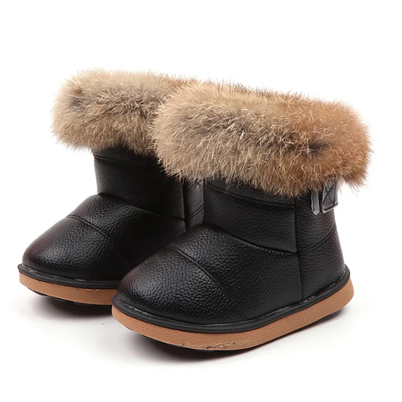 Mudipanda/Детские теплые кожаные короткие ботинки для малышей; детские резиновые сапоги для девочек; зимние Утепленные плюшевые сапоги - Цвет: black