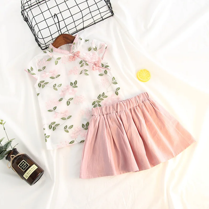 

Girls Embroidery Flowers Sleeveless Cheongsam CHILDREN'S Suit Summer New Style 2019 Korean-style Children Half-length Short Skir