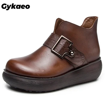 

Gykaeo Lady Ethnic Style Retro Slope Ankle Boots for Women Buckle Genuine Leather Boots Casual Winter Botas Mujer Invierno 2020
