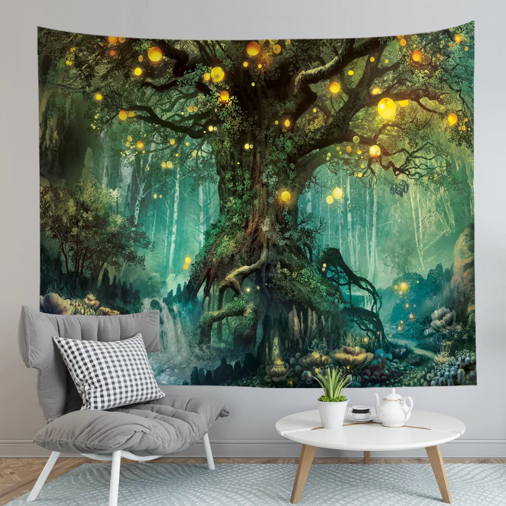 Цветной гобелен с изображением деревьев настенный психоделический лес с птицами настенный гобелен богемный коврик в стиле хиппи с мандалой