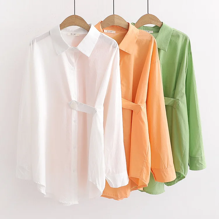 

blusas mujer de moda 2019 plus size women autumn winter Japanese style long sleeve fresh green orange white cotton blouse shirt