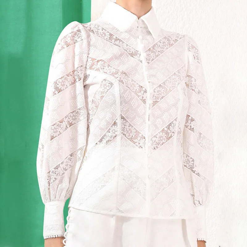 Lady Fashion Formal Shirts Luxurious Palace Style Delicate Embroidery Hollown Out Lace Pure White Elegant Temperament Shirt