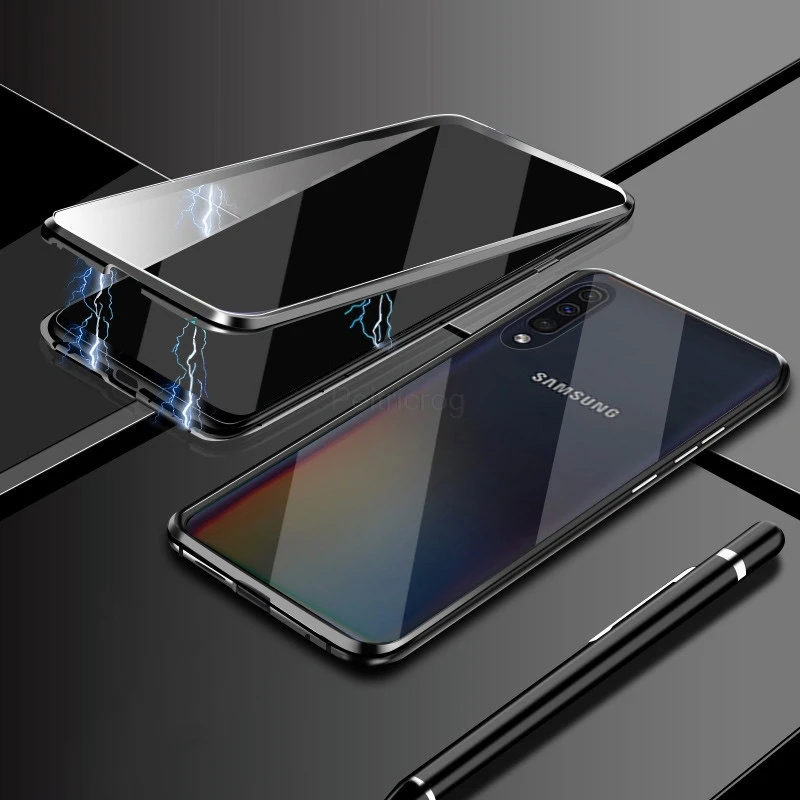 Магнитный металлический чехол для samsung Galaxy A7 A8 A9 A10 A50 A60 A70 A20 A30 A40 M10 M20 M30 M40 A80 Двусторонняя стеклянная крышка - Цвет: Black