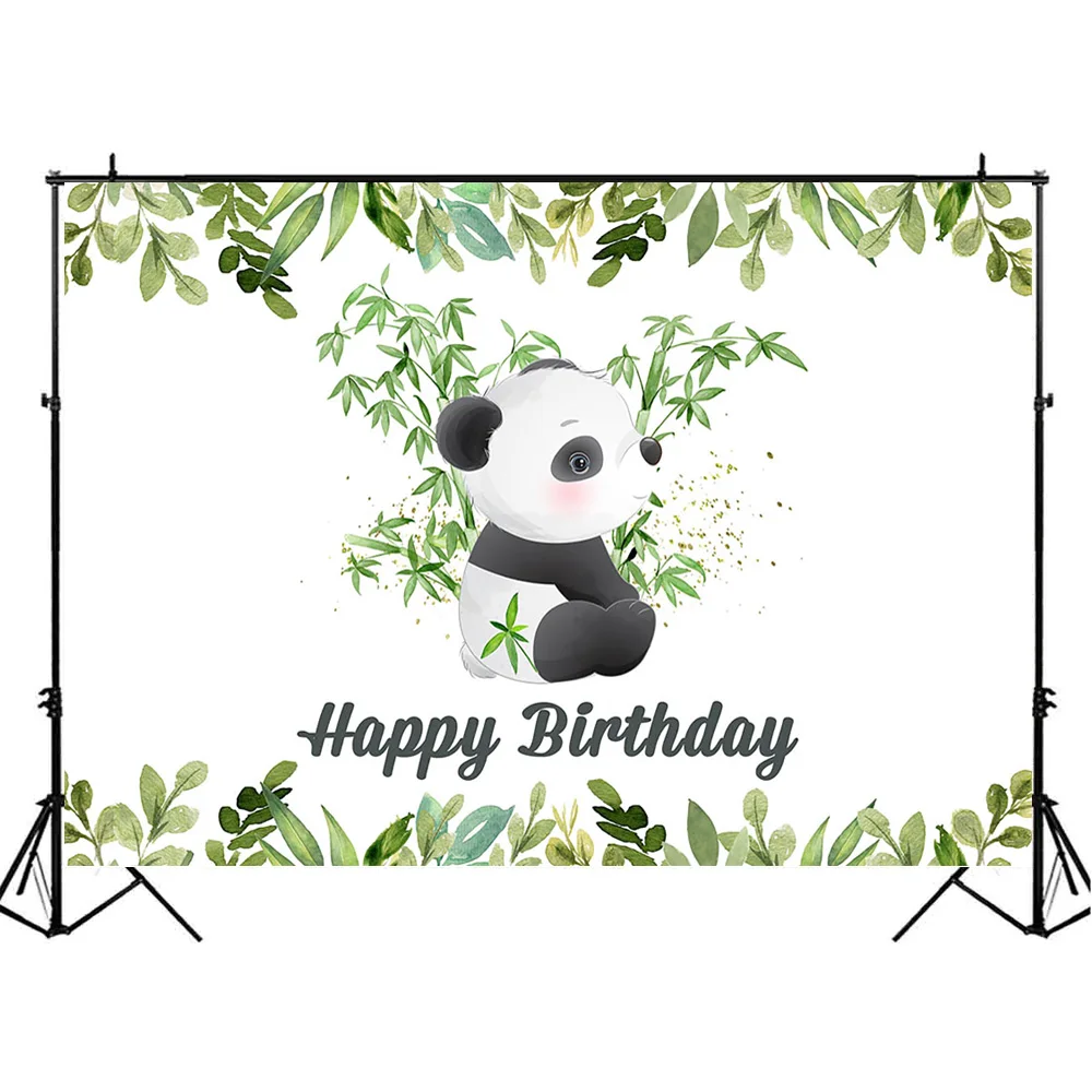 Mocsicka Panda Theme Happy Birthday Backdrop Green Leaves Bamboo Baby Birthday Cake Smash Party Photography Background Photocall