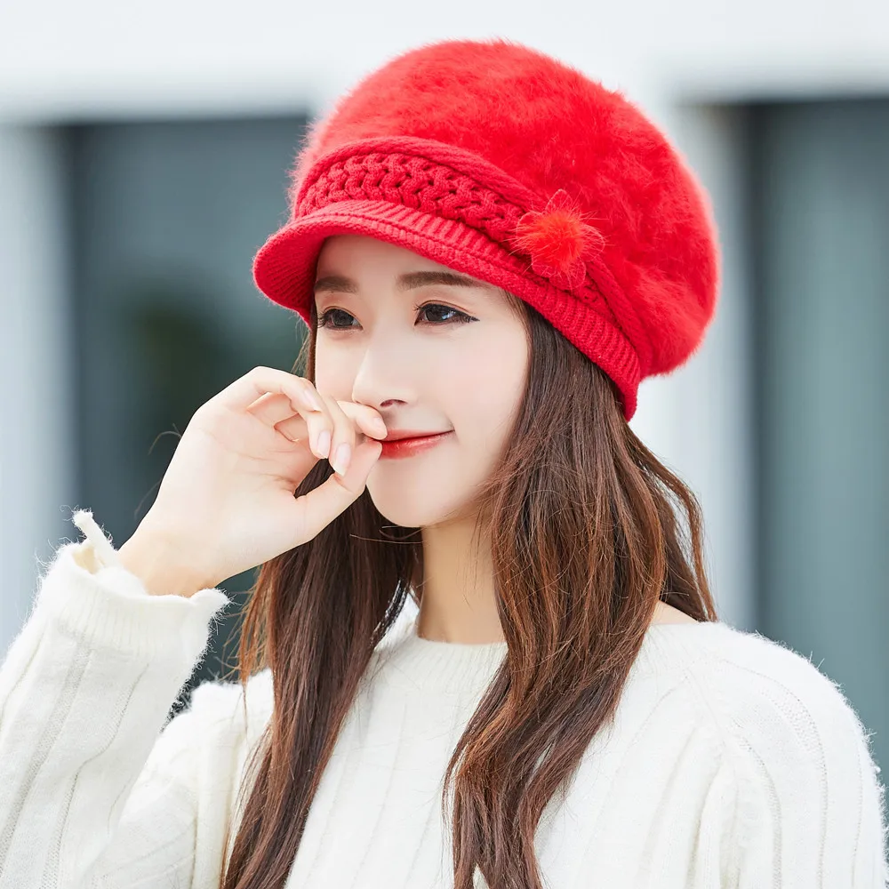 Beret Hat Women Flat Cap Women Winter Hat Warm Floral Cap Beret Baggy Knit Crochet Beanie Hat Ski Cap Berret Femme#2O04