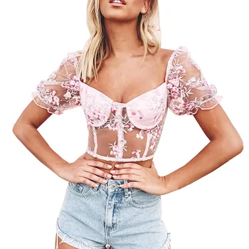 

Short-Sleeve Open-Neck Embroidered Mesh See-Through Puff Sleeve Top Pink