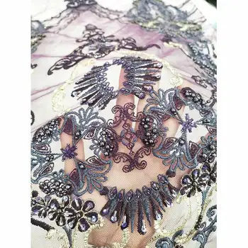 

2020 New African French Heavy Handmade Lace Fabric Embroidered Tulle Mesh Sequence With Stones And Sequins Beads Wedding 5 Yard