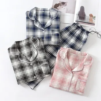 

Cotton Gauze Plaid Women 2 Pieces Pajamas Set Turn Down Collar Elastic Waist Female Homewear 2020 Autumn Casual Ladies Sleepwear
