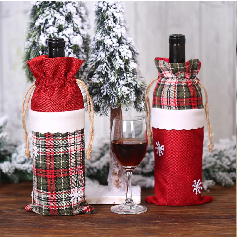 

1pc Merry Christmas Ornaments Gift Snowflake Red Lattice Wine Bottle Cover Decorations for home Enfeites De Natal