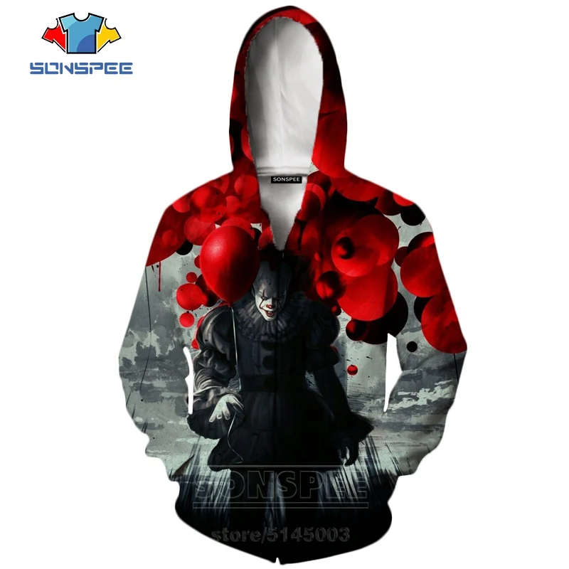 

SONSPEE New Men Women Pennywise Clown Sweatshirt 3D Print Horror Movie It Chapter Two Zipper Hoodies Long Sleeve Top Coat C063-3