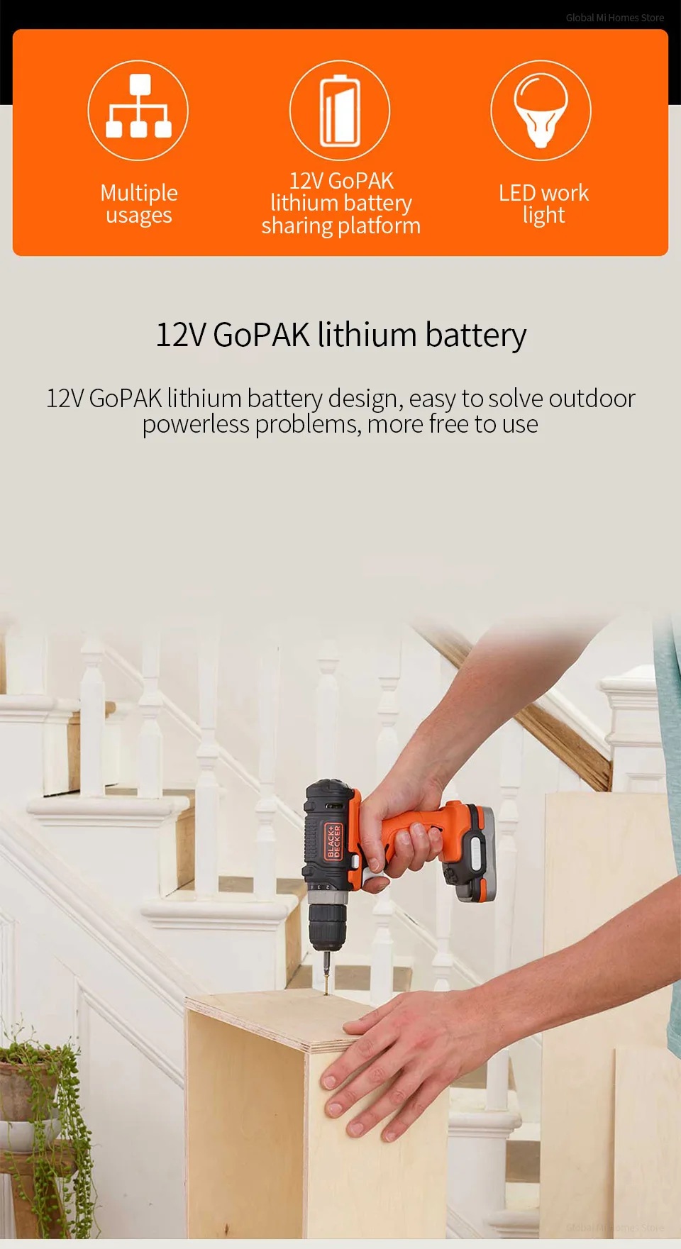 Xiaomi Youpin Black& Decker 12 литиевая электрическая дрель gopack с тремя зажимами с плавно-изменяющейся скоростью