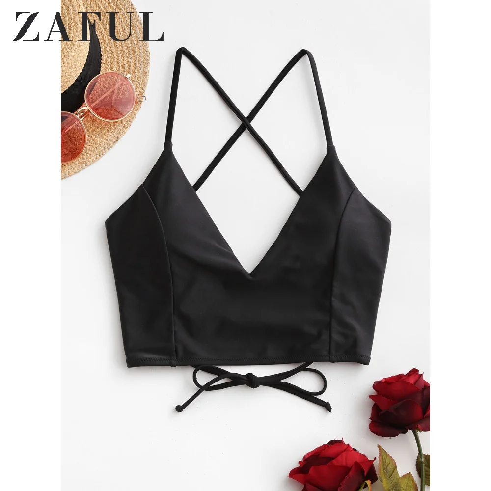 

ZAFUL Crisscross Lace-Up Cropped Bikini Top For Women Wire Free Spaghetti Straps Removable Padded Female Solid Color Bra Top
