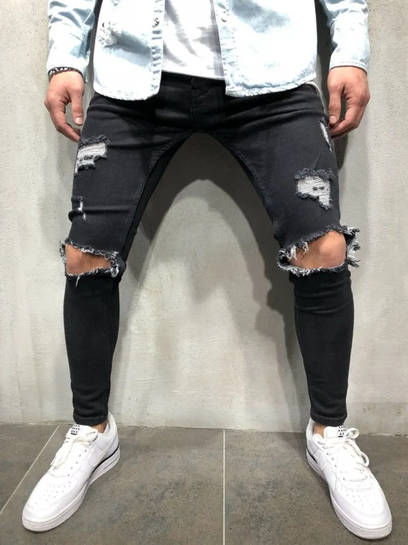 Men Black Jeans Slim Fit Knee Ripped 