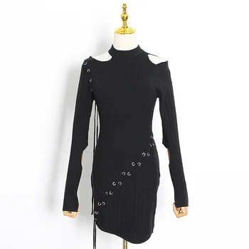 

HIGH QUALITY Newest Fashion 2020 Runway Dress Women's Turtleneck long Sleeve HOLE Drawstring Lace-Up knitting dress