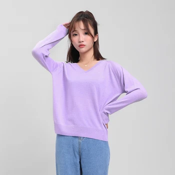 

DMLFZMY 2019 autumn new women's coat solid color sweater women Korean fashion long-sleeved V-neck shirt