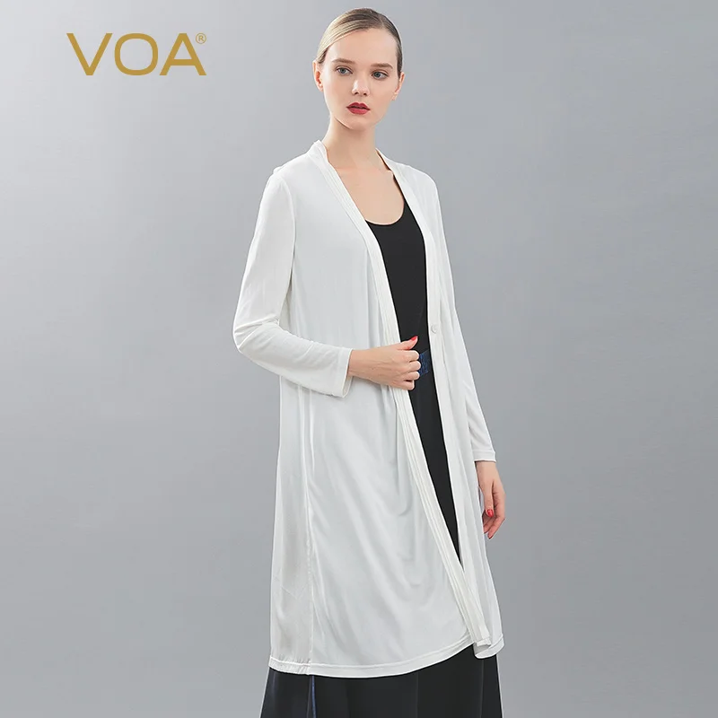 

VOA 33mm Double-Sided Silk Knit Satin Joint Long Pleated Flash a Grain Hidden Button nuo ruan Sun Shirt W518