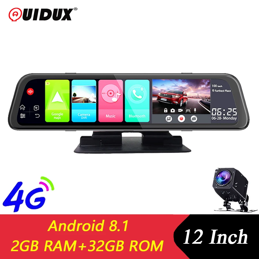 QUIDUX 4G Android 8.1 Dash Camera 12 Inch Rear view Mirror GPS Navigation FHD 1080P Car DVR video registrator WiFi Recorder 2+32 QUIDUX 4G Android 8.1 Dash Camera 12 Inch Rear view Mirror GPS Navigation FHD 1080P Car DVR video registrator WiFi Recorder 2+32