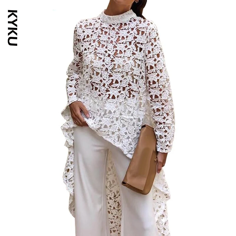 blouse Spring Autumn Fashion Women Solid Color Hollow Out Lace Blouse High Low Top Round Neck Hollow Out High Low Hem Blouse