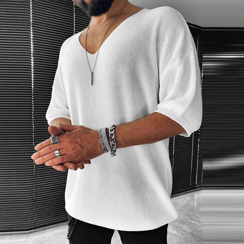 Mens Casual Knitted Sweater Half Sleeve V-Neck Solid Jumpers Tops Fashion Slim Fit for Men turtleneck sweater basic sweater jacquard sweater