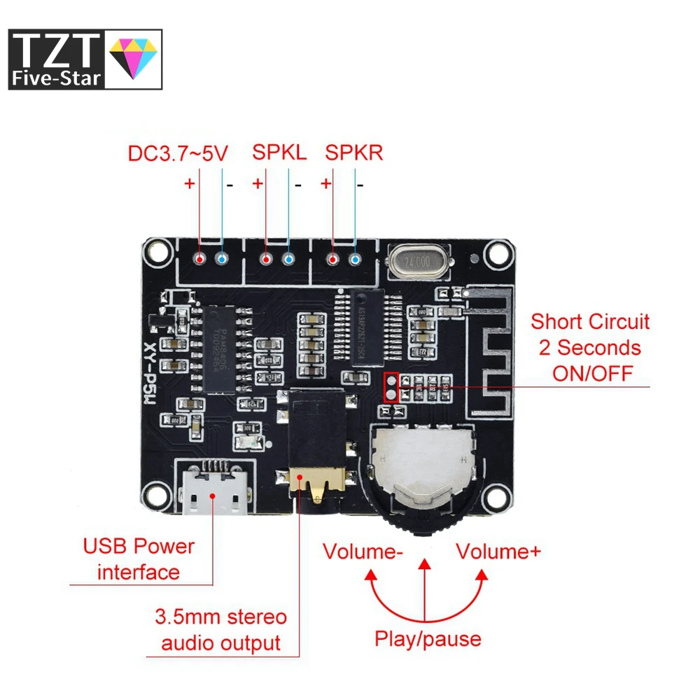 5W+5W PAM8406 Bluetooth 5.0 DC3.7-5V stereo audio power amplifier module XY-P5W for Arduino diy kit | Электронные компоненты и