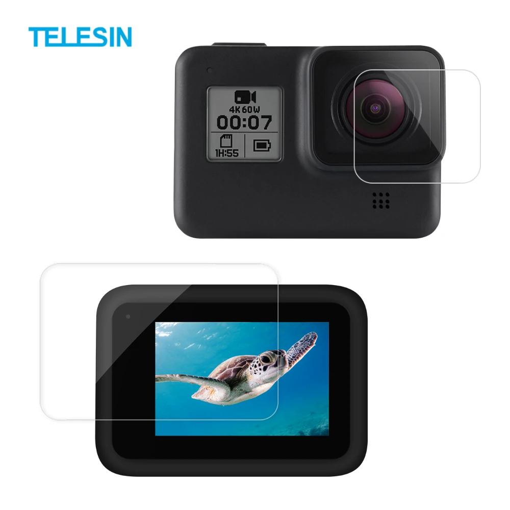 Закаленное стекло Telesin для Gopro hero 8 black 2 шт. экран + защита объектива полный