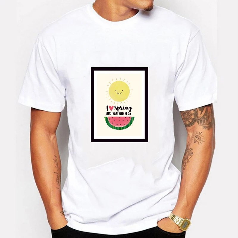 

Hip Hop Street Wear Top Tee Funny T Shirts I Love Spring and Watermelon Letter Printed T-Shirt Men's White Cotton Cool T-Shirt