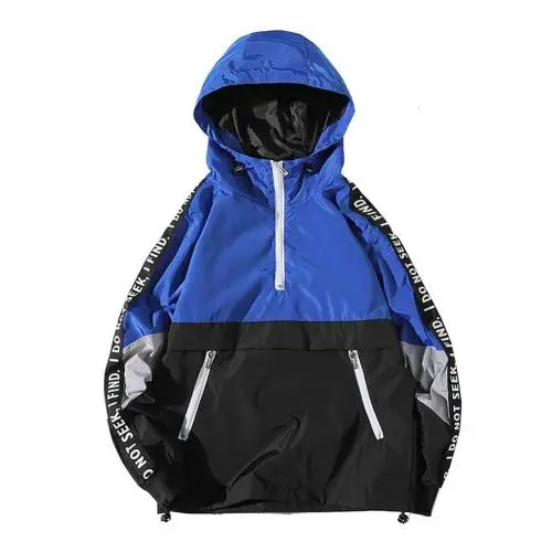 Синий Sports Men Color Block Letter Windbreaker Hoodies Long Sleeve Hooded Pullover - Цвет: Синий
