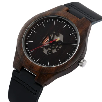 

Black Ebony Wood Watches Stripe Men's Skeleton Movement Dial Clock Timepiece Gift Soft Leather Band Male Wrist Watch Retro Reloj