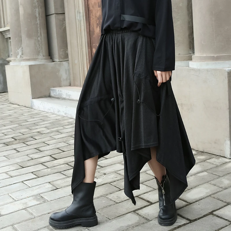

Streetwear Irregular Mid -length Skirt Fashion Drawstring Personality Mild Solid Color Autumn New Skirt